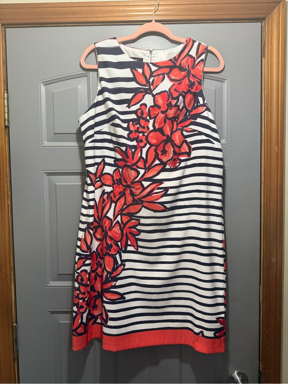 AGB Dark Navy & White Striped Party Dress with Red Floral Panel (14)